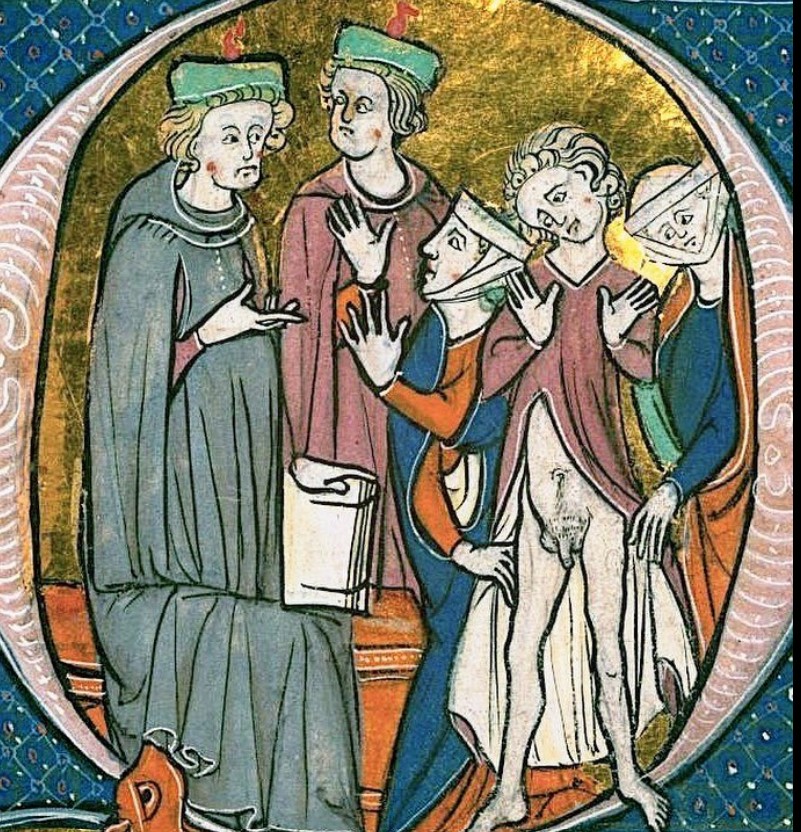 Q betű iniciáléja Gratianus Decretuma egy 13. század végén készült díszes másolatában.