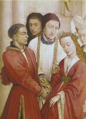 A házasság szentségének ábrázolása Rogier van der Weyden 15. század közepi, a hét szentséget ábrázoló festményén. Kép forrása: Wikipedia