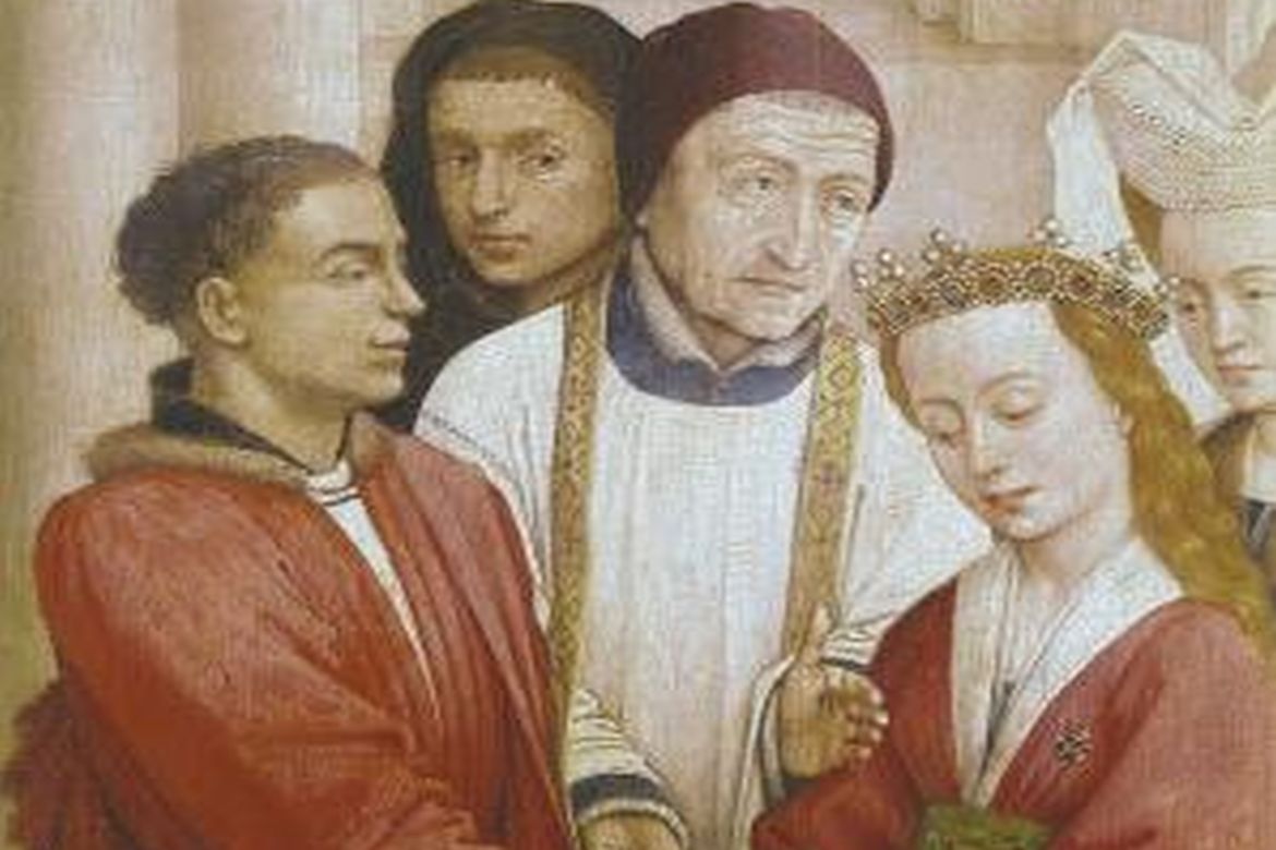 A házasság szentségének ábrázolása Rogier van der Weyden 15. század közepi, a hét szentséget ábrázoló festményén. Kép forrása: Wikipedia